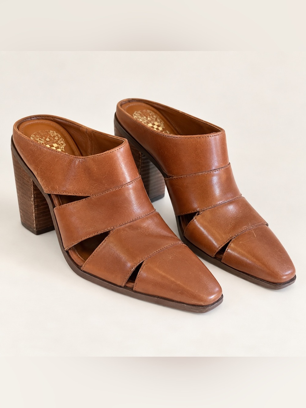Vince Camuto Aimie Cognac Leather Cutout Block Heel Mules 7.5